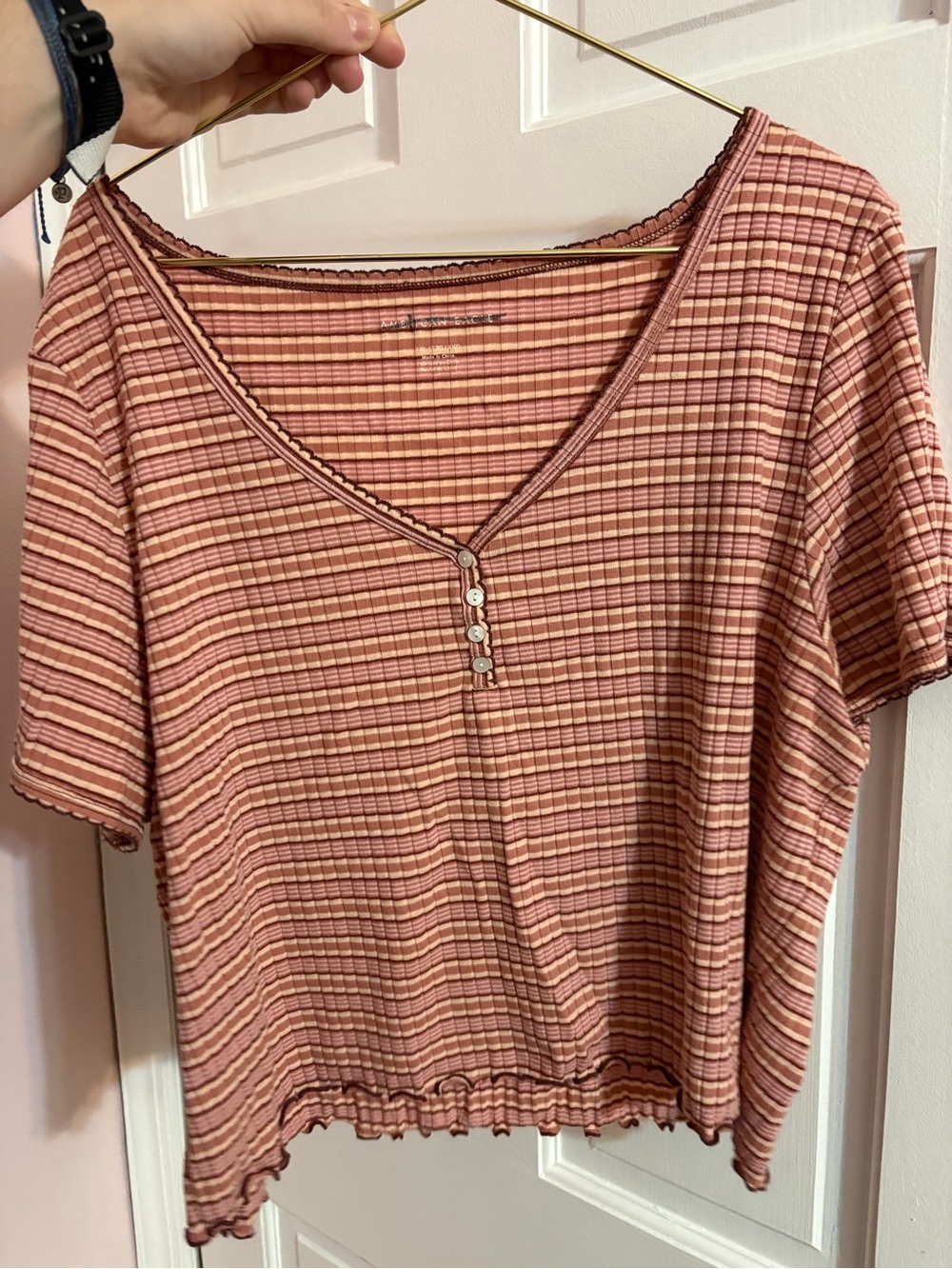 American Eagle Outfitters Pink Striped Ribbed Henley Crop Top